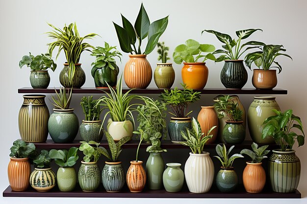 Vector different succulent plants in pots indoor on a wooden shelf