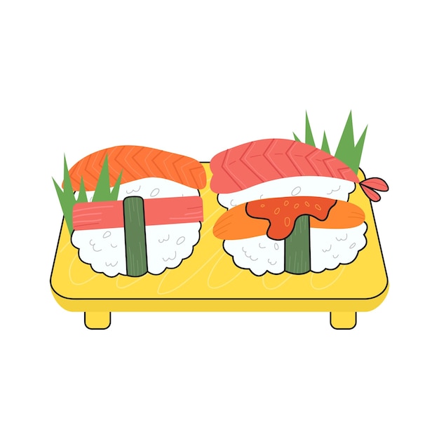 Vector different sushi nigiri with octopus and shrimp  on kitchen board on isolated background