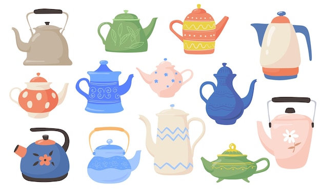 Different teapots and kettles flat illustrations set