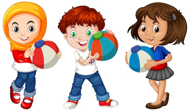 Vector different three kids holding colorful ball