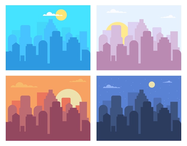 Different time cityscape City view landscape in morning day afternoon evening nighttime night long skyline of urban construction international times vector illustration of view cityscape morning