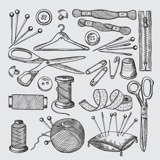 Vector different tools for sewing workshop. vector pictures in hand drawn style