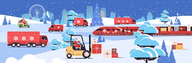 Different transport delivering gifts merry christmas new year holidays celebration delivery service concept greeting card cityscape background horizontal vector illustration