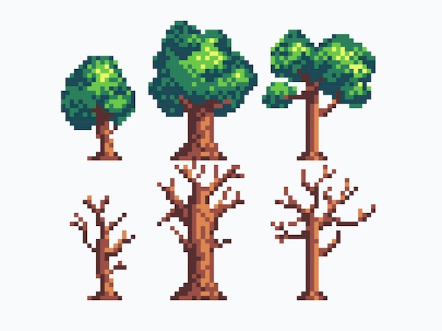 Vettore set di icone pixel art di alberi diversi collezione di logo di specie di flora forestale sprite a 8 bit