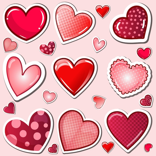 Vector different type of love and heart shape cartoon style stickers set