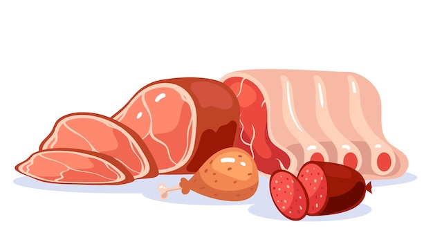 異なる種類の肉の組成 孤立したコンセプト ベクトルフラットグラフィックデザインイラスト