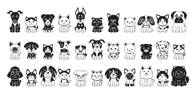 Различные типы векторных мультяшных кошек и собак
