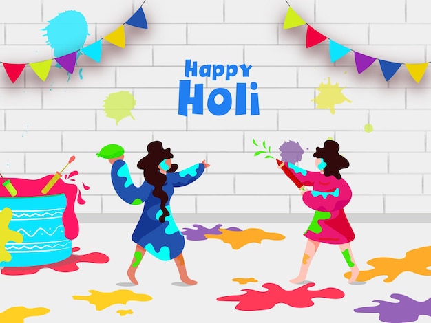 Vector different type playing indian festival of colours children character against white wall decorated with bunting flags for happy holi celebration concept