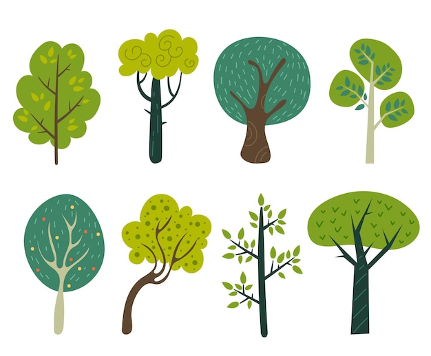 Different type of tree isolated doodle flat design element collection set