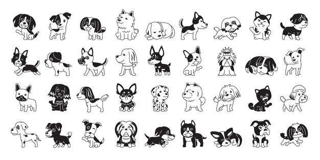 Different type of vector cartoon black and white color dogs