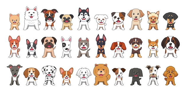 Different type of vector cartoon dogs on white background for design.