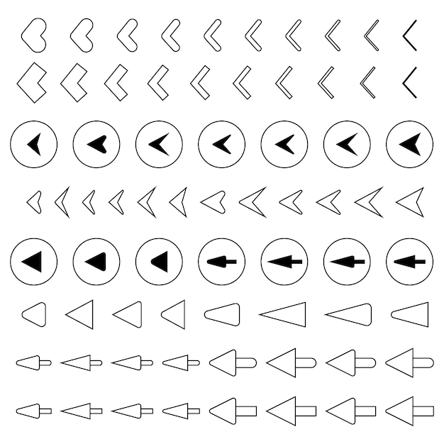 左向きの黒い線で作られたさまざまな種類の矢印