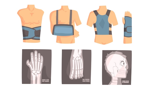 Different types of bandage and xrays Set of vector illustrations