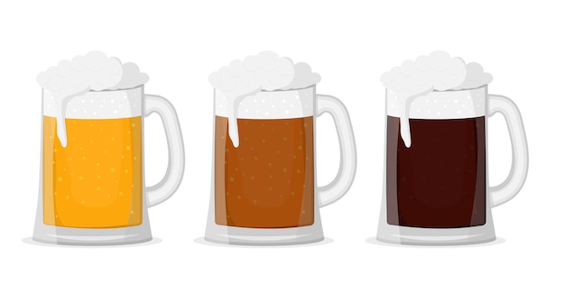 Different types of beer in a mug flat illustrations set