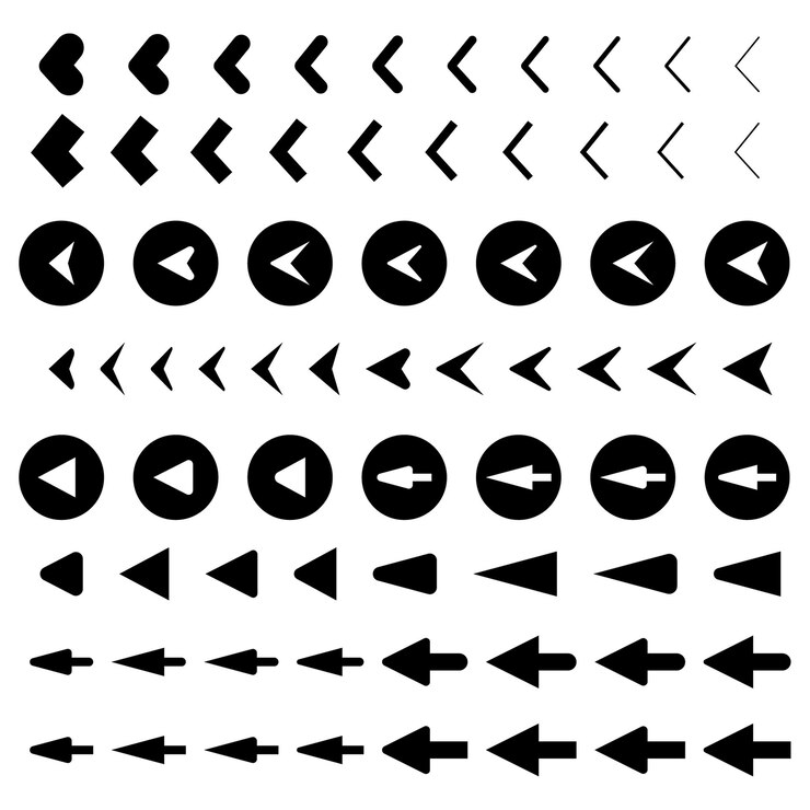 Vector different types of black arrows pointing left