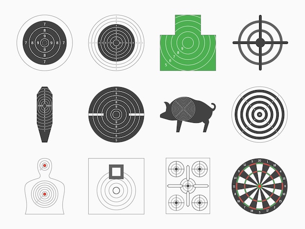 Набор мишеней различных типов для военных или охотничьих соревнований. хобби и снайперская подготовка. векторная иллюстрация мишеней