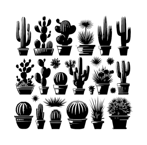 different types of cactus silhouette vector set