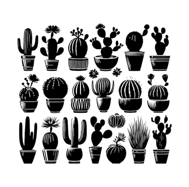 different types of cactus silhouette vector set