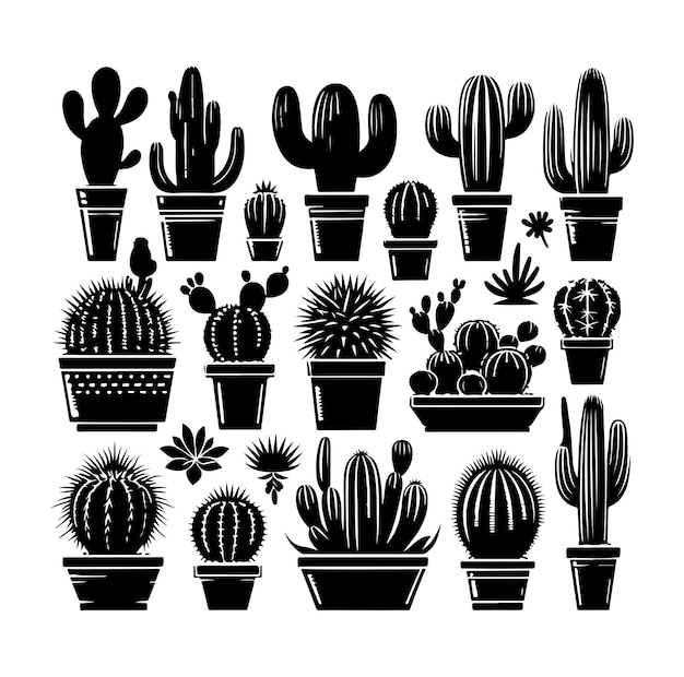 different types of cactus silhouette vector set