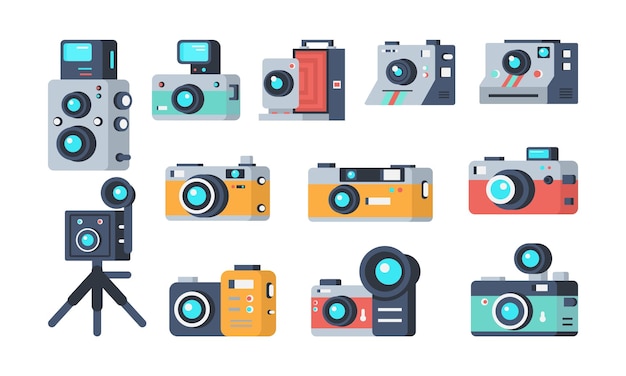 different types of cameras set vector illustration collection of retro and modern digital camcorder flat style concept professional photography school or photo studio design isolated on white