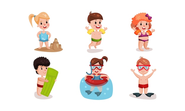 Vector different types of children beach rest babies in lifebuoys with air mattress inflatable sleeves making sand castles swimming in mask and fins vector illustrations set isolated white background