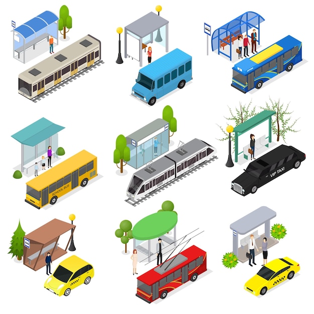 Vector different types city public transport 3d icons set isometric view vector