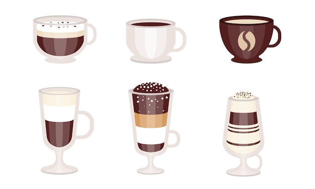 Different types of coffee in mugs and glasses vector illustration