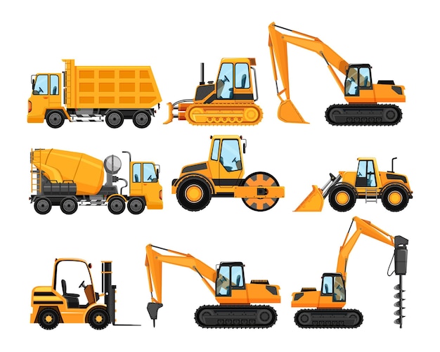 different types of construction trucks vector illustration