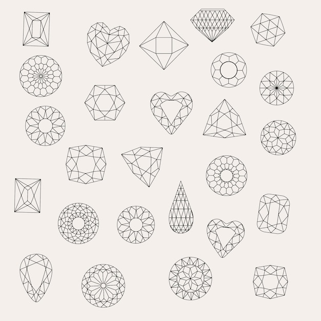 Vector different types of cut gems and diamonds black outlines