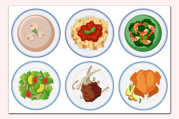 Vector different types of food on the dish