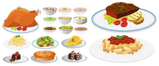 Vector different types of food on plates