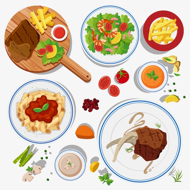 Vector different types of food on plates