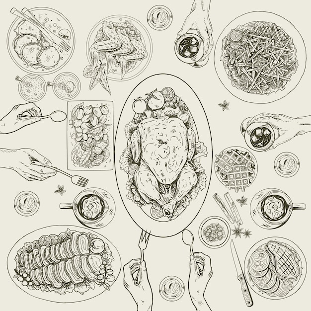 Vector different types of food on table