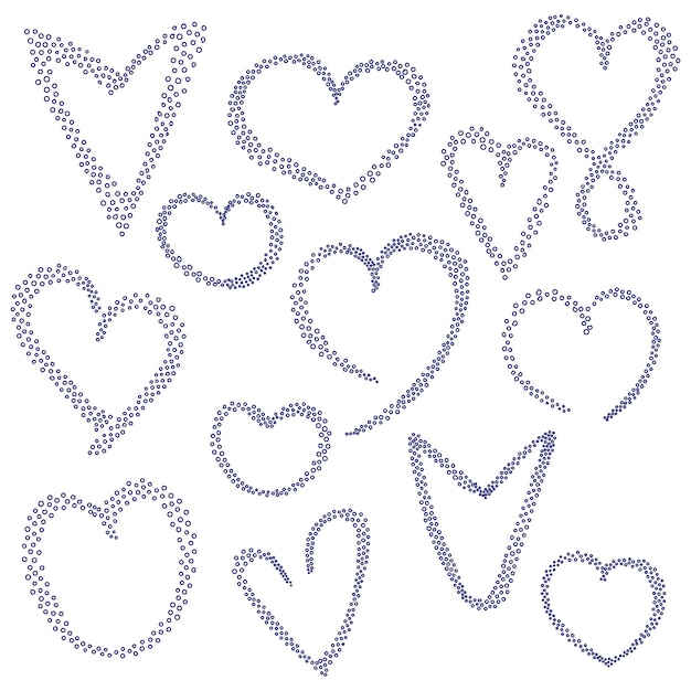 Vector different types of hearts made with blue polka dots