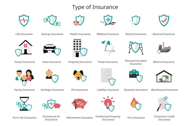 Vector different types of insurance policies and coverage to provide financial coverage for unexpected situ