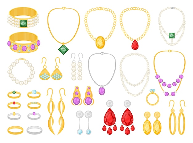 Vector different types of jewelry vector illustrations set. collection of gold, silver, pearl jewellery: stone or diamond rings, earrings, pendants, bracelets for women. accessories, wedding, fashion concept