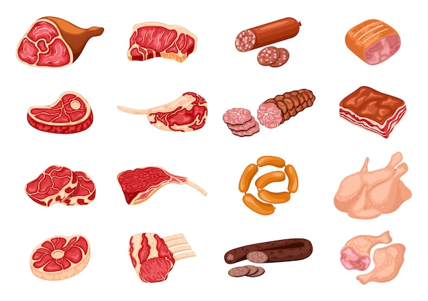Diversi tipi di prodotti a base di carne impostati. bistecca di pollo, salsiccia e pancetta, illustrazione dell'ingrediente del prodotto