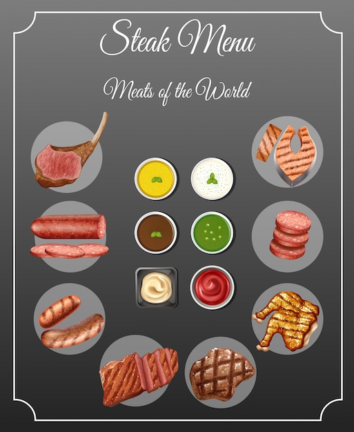 Different types of meats and sauces on steak menu