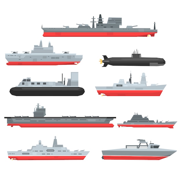 Набор различных типов военно-морских боевых кораблей, военных катеров, кораблей, фрегатов, подводных лодок иллюстраций на белом фоне