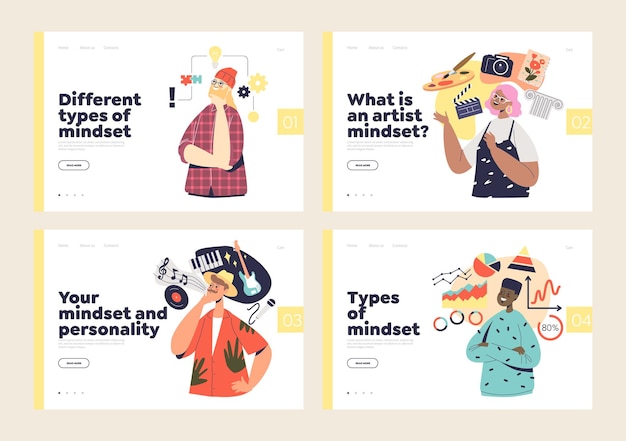 Different types o mindsets: landing pages with creative, artistic, logical and structural thinking