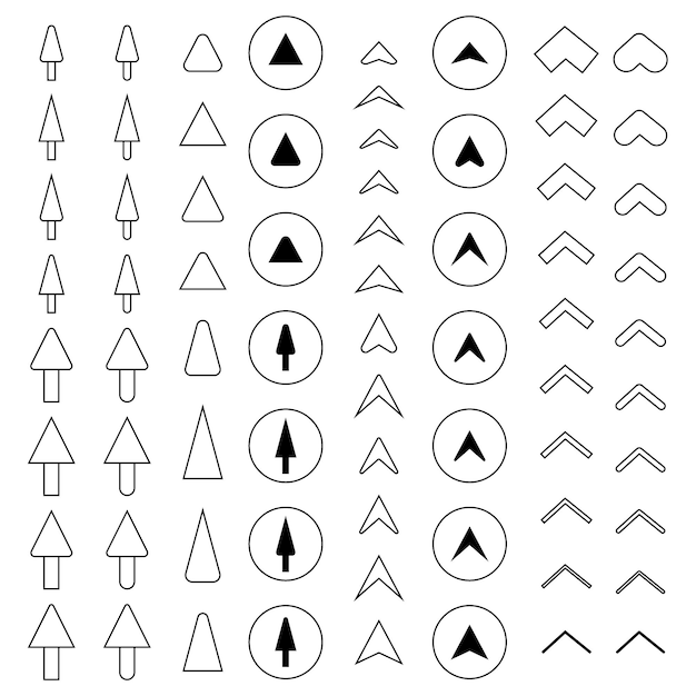 ベクトル 上向きの黒い線で作られたさまざまな種類の矢印