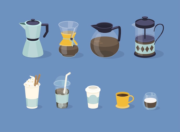 Различные виды кофе в бумажной и стеклянной чашке.
