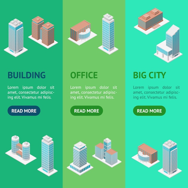 Vector different types office building 3d banner vecrtical set isometric view modern exterior vector illustration of public architecture in city