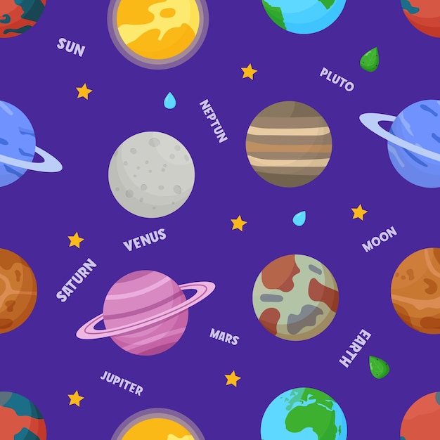 Different types of planets in the solar system. space seamless pattern