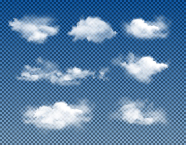 Different types of realistic clouds realistic vector set isolated on transparent background