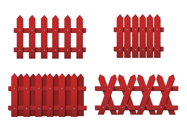 Вектор Красный деревянный забор разных типов. набор красных садовых заборов, изолированные на белом фоне