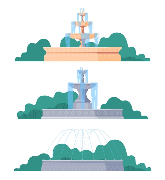 Different types of street fountains Decoration of the territory Beautiful park fountains for the city Vector illustration