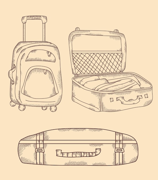 Diversi tipi di valigie aprono supporti chiusi su ruote tratti vettoriali disegnati a mano