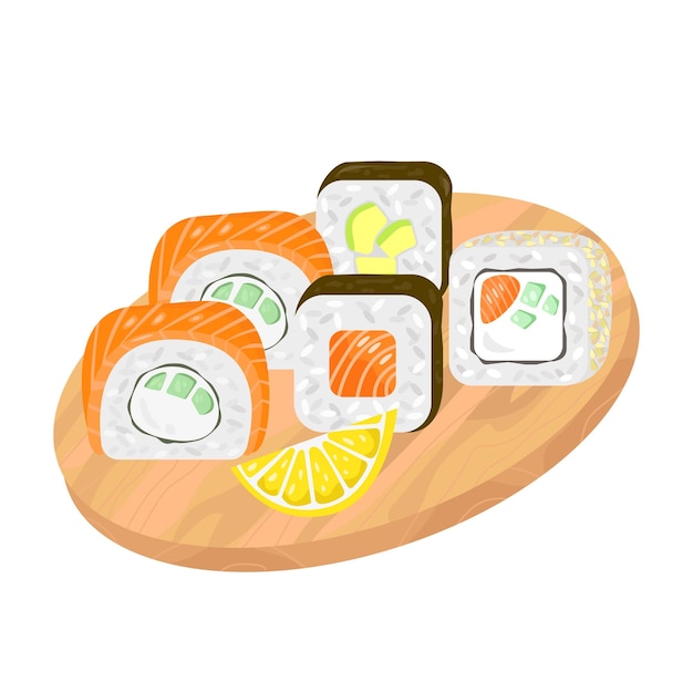 different types of sushi on a board on an isolated background