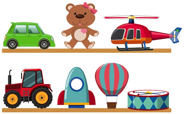 Different types of toys on wooden shelves